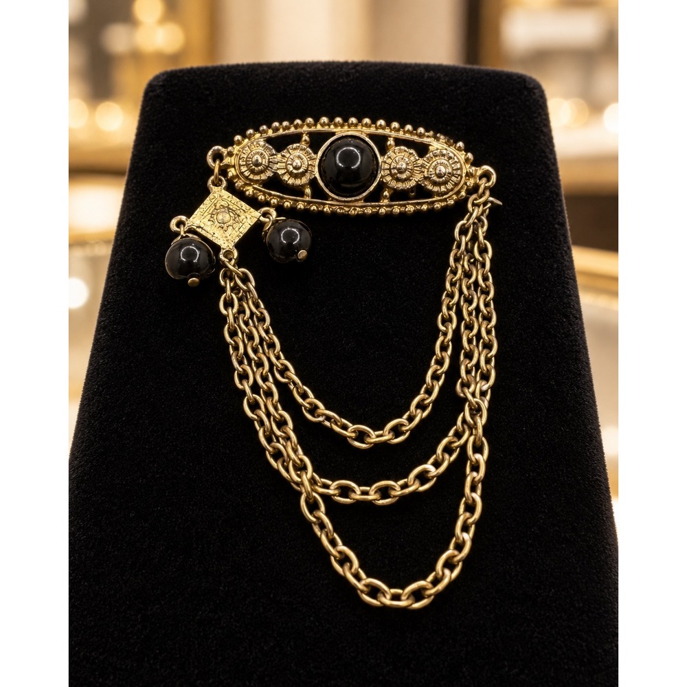 Vintage Gold Tone Black Cabochon Chain Swag Brooch 3.5 Inch
